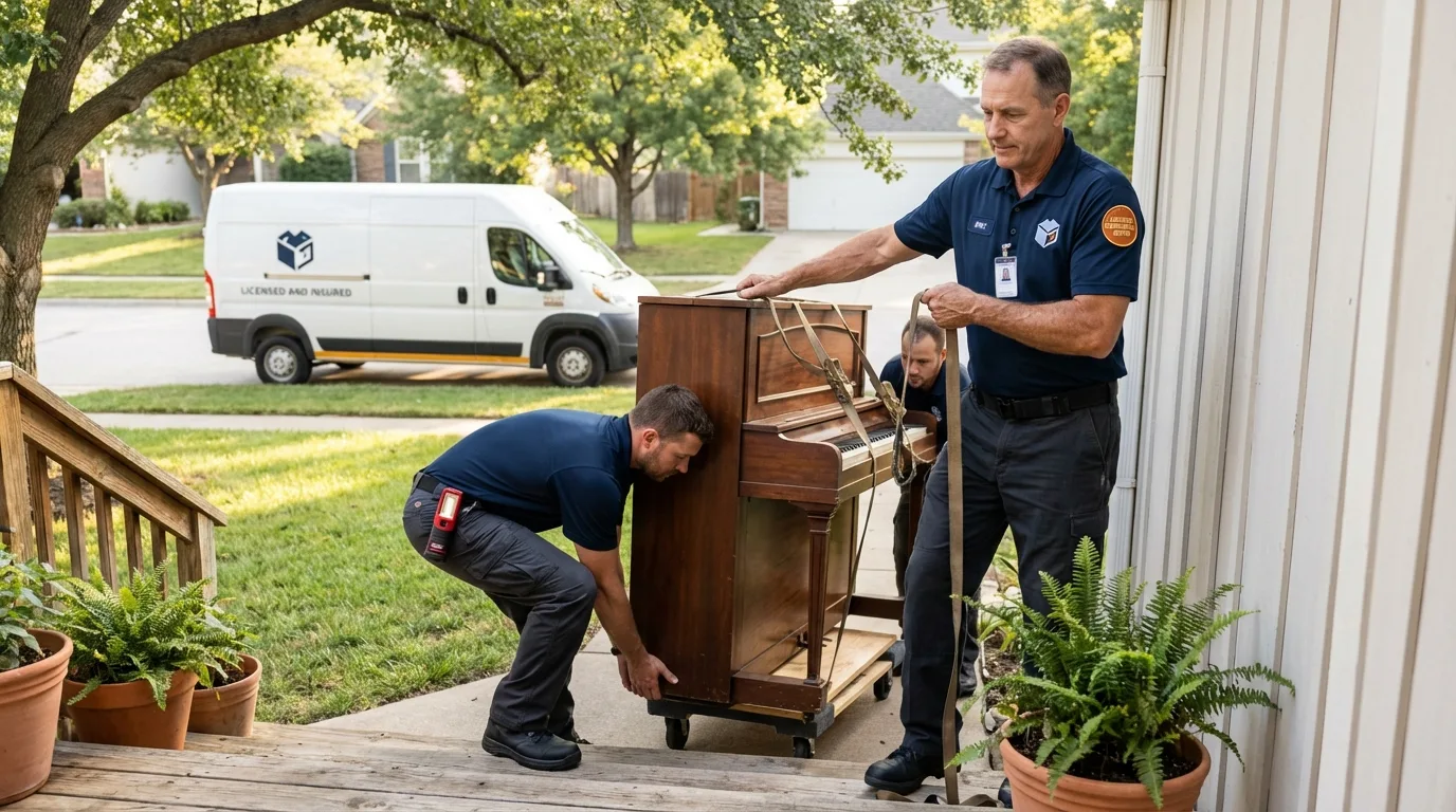 Licensed piano movers securing grand piano in Waterford, CT