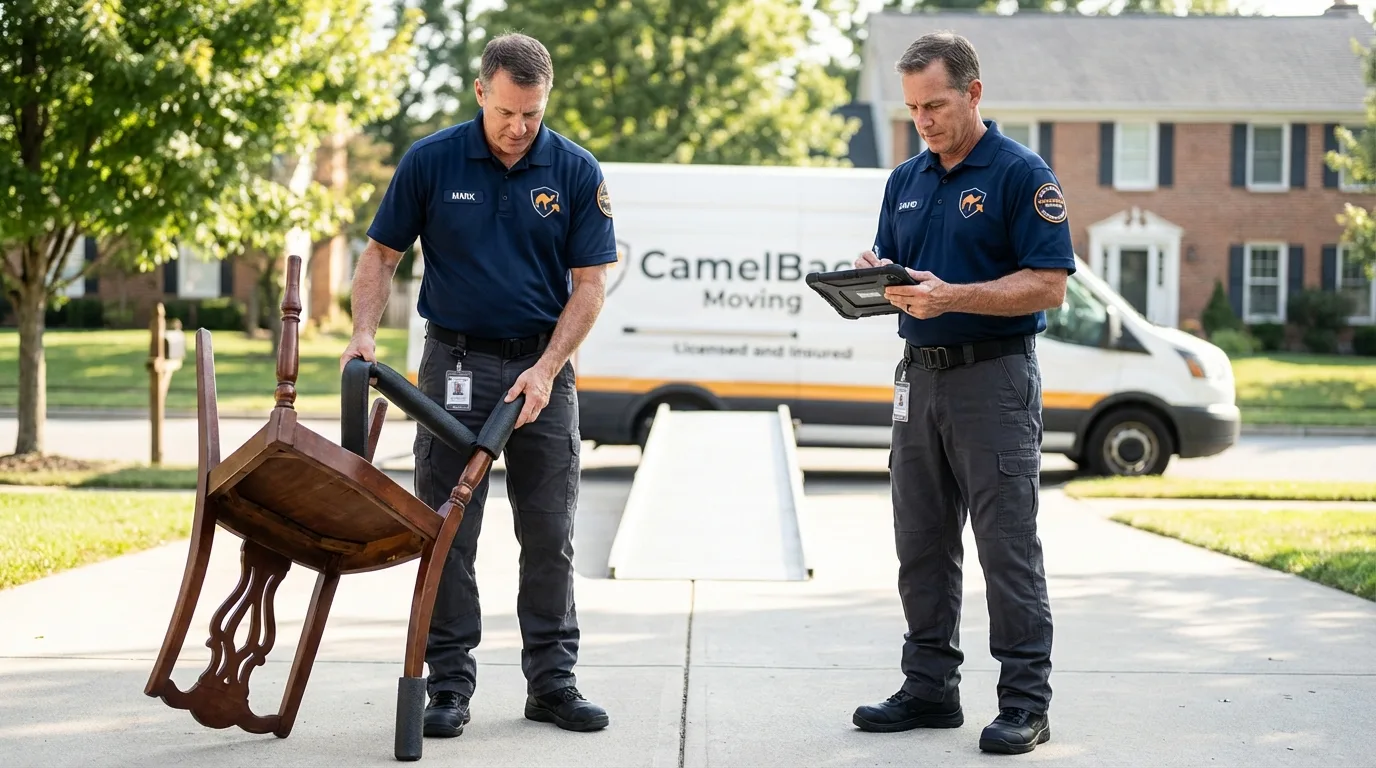 Movers inspecting furniture for damage prevention before loading in Waterford, CT