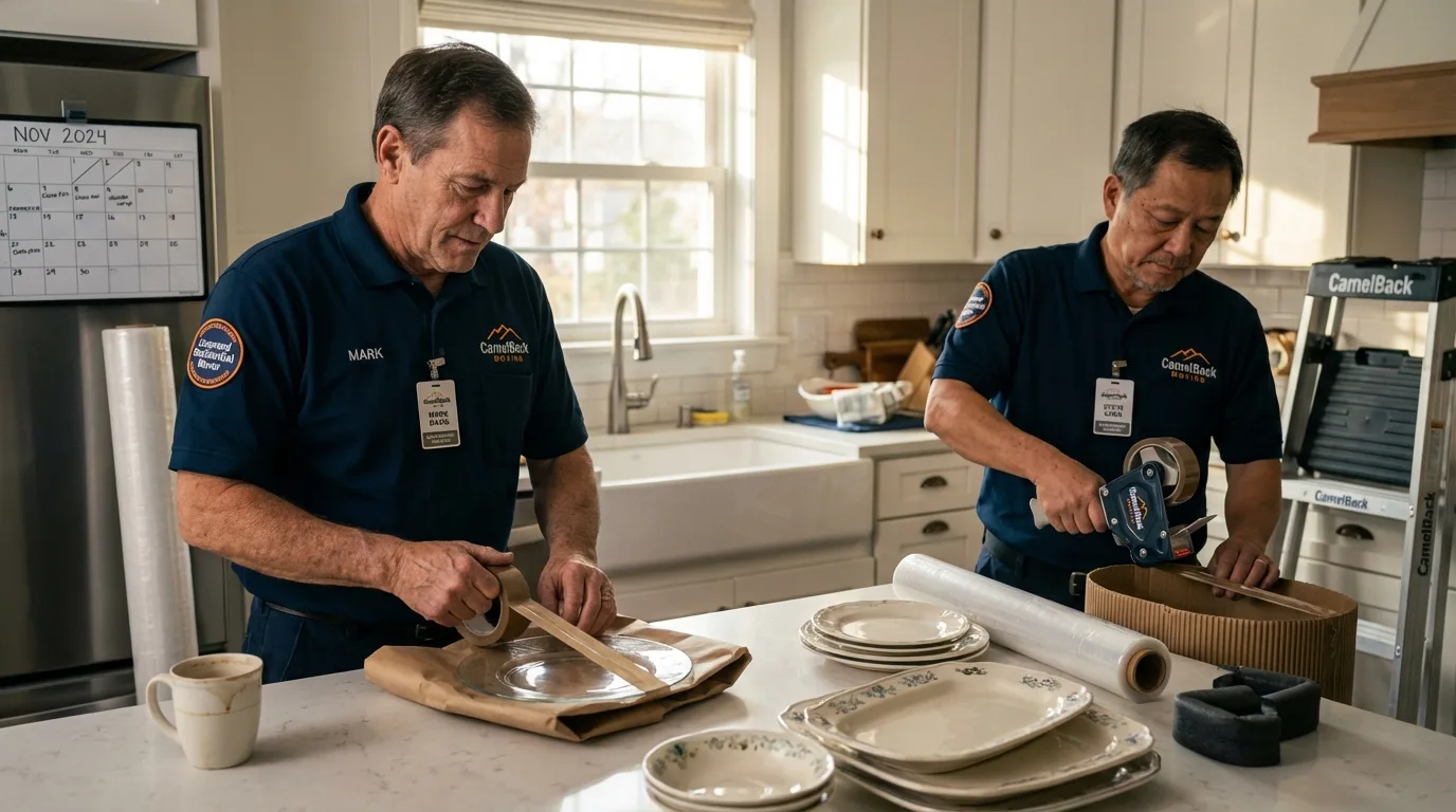 Professional crew packing kitchen dishware in Waterford, CT